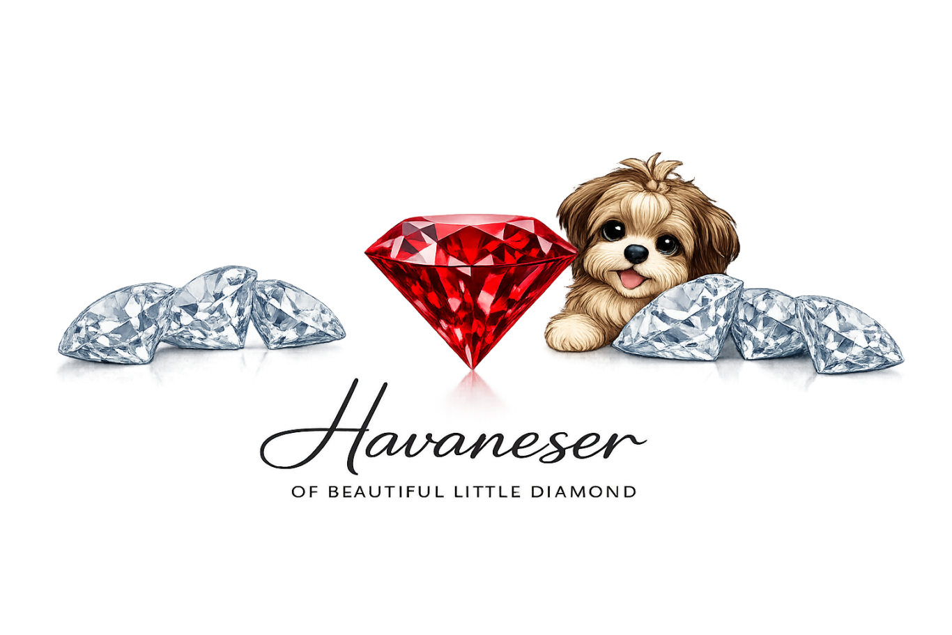 Ein Havaneser-Welpe, ein roter Diamant und mehrere silberne Edelsteine.