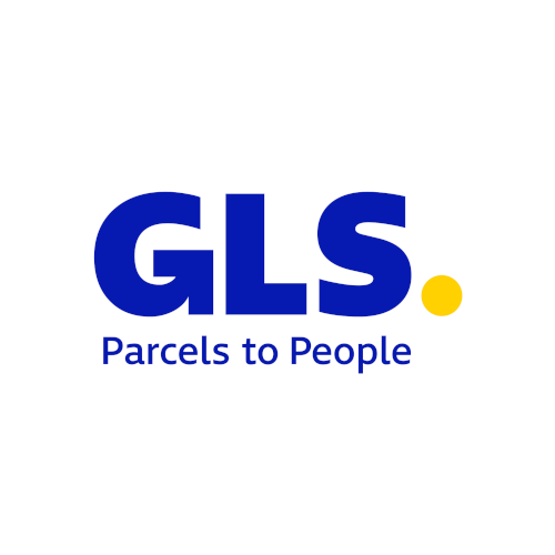 Logo von GLS mit dem Slogan "Parcels to People" in blauer Schrift.